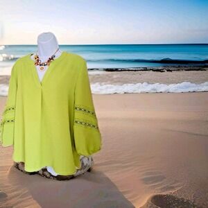 Como Blu Top M Lime Green Peasant Blouse Puff Sleeve Crochet Trim Polyester Boho